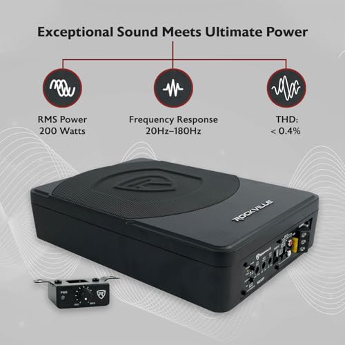 Rockville SS10P 800W Slim Under-Seat Active Car/Truck Subwoofer, Built-in Amp, Wired Remote Bass Knob, Cast Aluminum, for Car Audio Upgrades - size: 10"