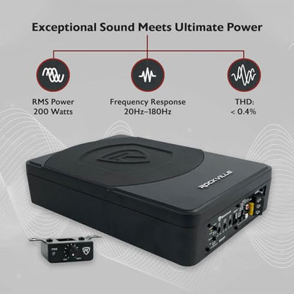Rockville SS10P 800W Slim Under-Seat Active Car/Truck Subwoofer, Built-in Amp, Wired Remote Bass Knob, Cast Aluminum, for Car Audio Upgrades - size: 10"
