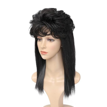 Adequate Women's Black Mullet Wig 80s 90s Costumes Fancy Party wig Joe Dirt Emo Halloween Cosplay Wigs (Black) - color: B-Black