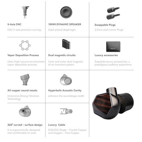 TINHIFI T7 Flagship in-Ear Monitor, Hi-Fi Earphones with 10mm Gold-Plated Dynamic Driver, Detachable MMCX Cable, Noise Isolating IEM, Premium Sound Quality for Audiophiles, Musicians - Black
