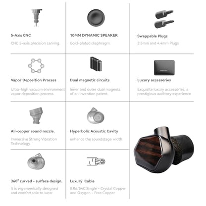 TINHIFI T7 Flagship in-Ear Monitor, Hi-Fi Earphones with 10mm Gold-Plated Dynamic Driver, Detachable MMCX Cable, Noise Isolating IEM, Premium Sound Quality for Audiophiles, Musicians - Black