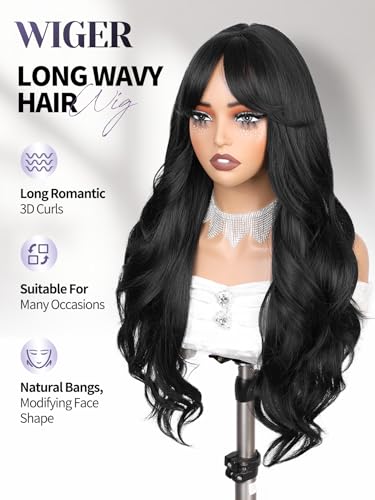 WIGER Black Long Wavy Hair With Bangs, Layered Synthetic Curly Wig Black Wig for Women Daily Party Use, No Lace Cosplay/Music Festival/Carnival/Valentine's Day Wigs - color: Black