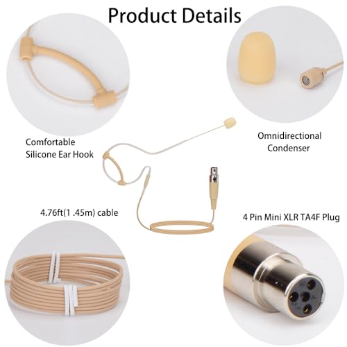 YXG Headworn Earset Over Ear Hanging Mic Beige Low Profile Light-Weight Microphone Compatible with Shure Wireless System Bodypack Transmitter with 1.45m Cable Mini XLR 4 Pin TA4F Plug