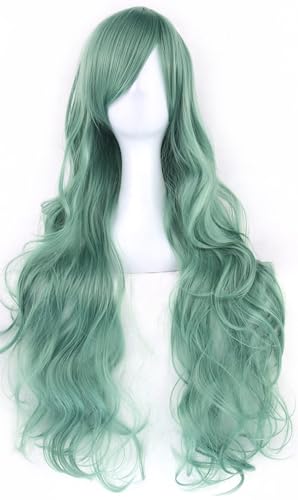 IMISSU 80cm Long Curly Natural Hair Cosplay Wig with Bangs Colorful Halloween Costume Party Wigs for Women (Light Green) - color: Light Green