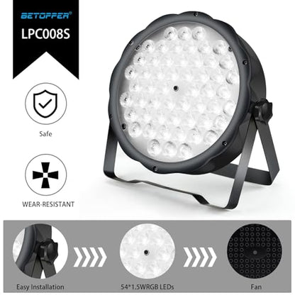 BETOPPER LED Par Lights 54 x 1.5W, RGB Stage Lights DMX DJ Lighting Sound Activated with Stand, Strobe Light & Wash Par Lighting DMX for Parties, Church, Wedding, Bars, 8 Pack