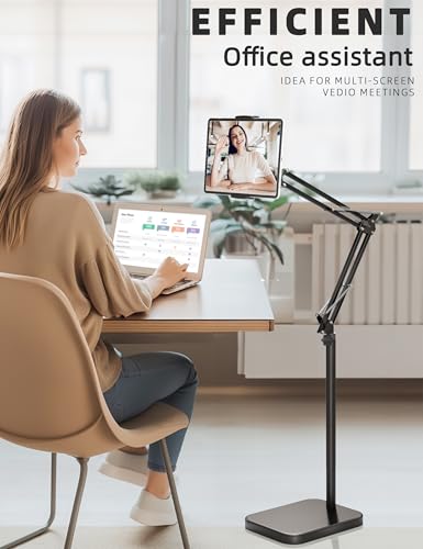 BluuSuuk Tablet Floor Stand with 11lb Stable Base - Adjustable Height Stretchable Arm Swivel Holder Mount, Compatible with iPad Pro Air Mini 12.9/9.7, Kindle, Galaxy Tab, Cell Phones (4.7''-13'')