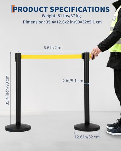 Commercial Retractable Belt Stanchion Set (2 Pack), Crowd Control Barrier with Heavy-Duty Metal Bases & 6.6ft Yellow Ropes, Carbon Steel Queue Post for Line Divider in Hotel, Theater and Concert - color: Yellow, size: 2 Pack