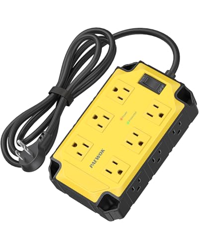 12AC Magnetic Heavy Duty Power Strip, 6.5 FT Extension Cord Surge Protector | PAEWOK 15 Amps/1200 Joules, Power Strip for Industrial Shop Garage, Yellow - style: 12AC
