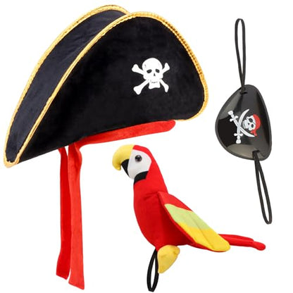 CUBACO Pirate Hat Costume for Cospaly, 3PCS Captain Hat Set Parrot Costume Adult Eye Patch Pirate Accessories Gift for Women Men Halloween School Shows and Theater Performance