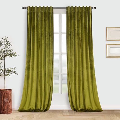Roslynwood Luxury Soft Olive Velvet Curtains 96 inches Long Back Tab Thermal Insulated Blackout Window Drapes for Living Room/Bedroom/Dining Room, W52 x L96, 2 Panels - color: Olive, size: 52"W x 96"L (Pack of 2)