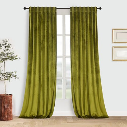 Roslynwood Luxury Soft Olive Velvet Curtains 63 inches Long Back Tab Thermal Insulated Blackout Window Drapes for Living Room/Bedroom/Dining Room, W52 x L63, 2 Panels - color: Olive, size: 52"W x 63"L (Pack of 2)