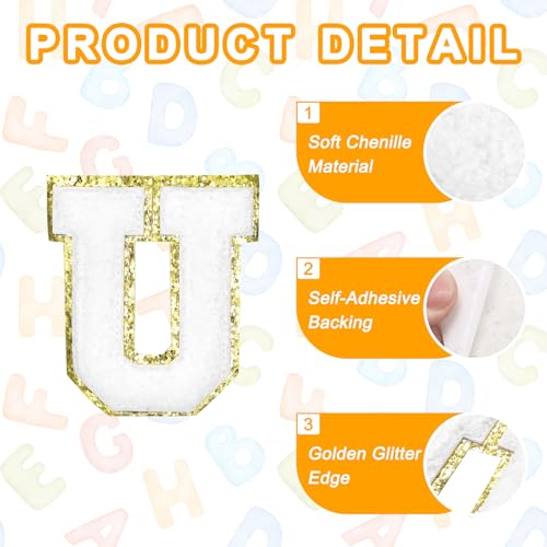 MECCANIXITY Chenille Letter Patches 2.2" Self Adhesive Alphabet U Stick on Embroidered Patch Sew on Letter Stickers Applique for Repairing Clothing Jeans Shoes Hats DIY(White, Pack of 8) - style: Letter U
