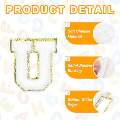 MECCANIXITY Chenille Letter Patches 2.2" Self Adhesive Alphabet U Stick on Embroidered Patch Sew on Letter Stickers Applique for Repairing Clothing Jeans Shoes Hats DIY(White, Pack of 8) - style: Letter U