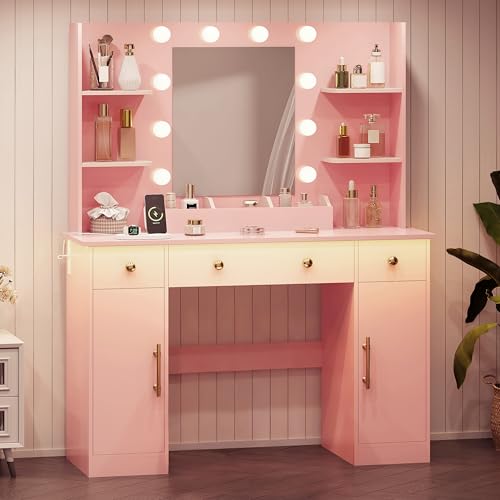 HUANLEGO Vanity Desk with Mirror and Lights, Makeup Vanity with Mirror and LED Lights & Power Outlet, 3 Drawers and Cabinets, 3 Lighting Modes Dressing Table Set for Girls Women Bedroom,Pink - size: 43.7x15.7x57.6 in, style: Pink