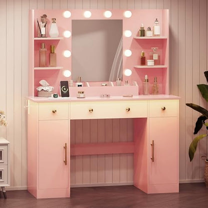 HUANLEGO Vanity Desk with Mirror and Lights, Makeup Vanity with Mirror and LED Lights & Power Outlet, 3 Drawers and Cabinets, 3 Lighting Modes Dressing Table Set for Girls Women Bedroom,Pink - size: 43.7x15.7x57.6 in, style: Pink