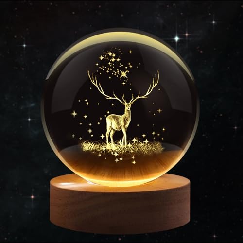 Flexzion 3D Elk Crystal Ball Night Light - LED Light Hologram Glass Lamp with Solid Wood Base, USB Powered Crystal Ball Lamp with Adjustable Brightness for Home Decor Display Gift, 2.4inch(60mm) | Elk Lamp with Solid Beech Wood Base and Adjustable Brightn