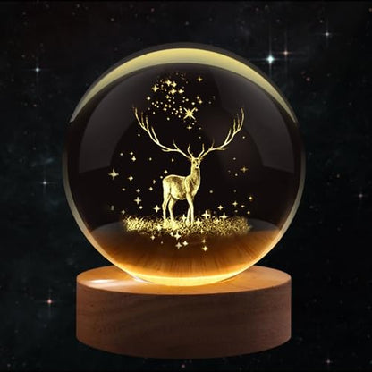 Flexzion 3D Elk Crystal Ball Night Light - LED Light Hologram Glass Lamp with Solid Wood Base, USB Powered Crystal Ball Lamp with Adjustable Brightness for Home Decor Display Gift, 2.4inch(60mm) | Elk Lamp with Solid Beech Wood Base and Adjustable Brightn