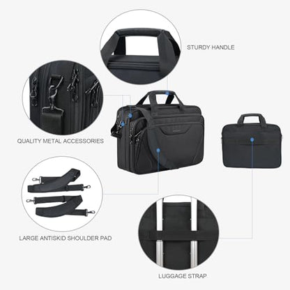 KROSER 17.3 Inch Laptop Computer Briefcase, Water-Repellent Messenger Bag | Expandable design, padded laptop compartment,shoulder and luggage strap for business, travel, men and women-Black - color: Black