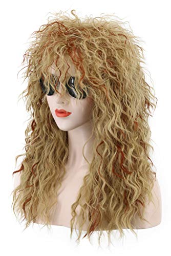karlery Men Women Long Curly Orange Mix Blonde 70s Heavy Metal Rocker Mullet Wig 80s Costume Anime Wig | Mullet Wig 80s Costume Anime Wig