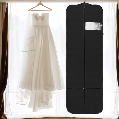 Wedding Dress Garment Bag 72" Dress Bags for Gowns Long with Accessories Pockets Bridal Garment Cover with Adjustable Handles for Wedding Dress, Prom Evening Gown - color: Black