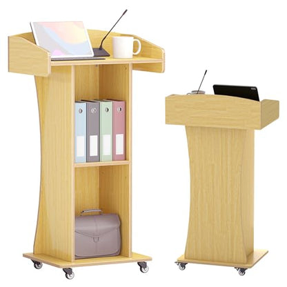 Podium Stand with Metal Wheels Wooden Lectern Podium Stand Portable Pulpit Standing with Storage Mobile Reception Podiums Desk for Church Office School Conference Restaurant Meeting,Oak - color: Wood