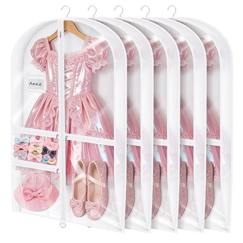 Univivi Garment Bags for Dance Costumes, 40" Foldable Dance Costume Garment Bag with 3 Zipper Pockets and 3" Gusset, Dance Dress Bags for Hanging Clothes (5 Pack, White) - color: 3" Gusset White