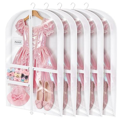 Univivi Garment Bags for Dance Costumes, 40" Foldable Dance Costume Garment Bag with 3 Zipper Pockets and 3" Gusset, Dance Dress Bags for Hanging Clothes (5 Pack, White) - color: 3" Gusset White