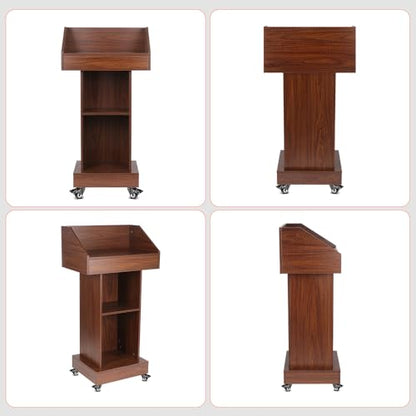 Wooden Podium with Wheels, 49 in Wooden Portable Lectern Stand with Storage Shelf, Rolling Lectern Podium Cart, Mobile Pulpit for Churches Classroom Office Hostess Stand - size: With Wheels
