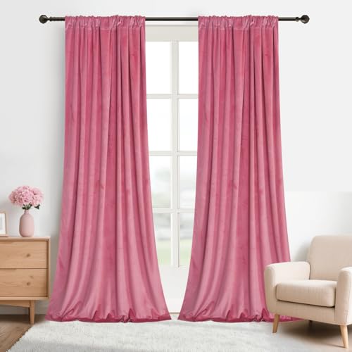 Roslynwood Luxury Soft Candy Pink Velvet Curtains 96 inches Long Back Tab Thermal Insulated Blackout Window Drapes for Living Room/Bedroom/Dining Room, W52 x L96, 2 Panels - color: Candy Pink, size: 52"W x 96"L (Pack of 2)