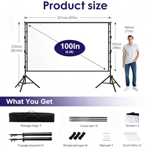 Outdoor Projector Screen with Stand, 100 inch Indoor Movie Screen 16:9 4K Rear Front Portable Projection Screen, Quick Setup Foldable Travel Home Theater Screen with Carry Bag for Backyard Camping - size: 100 inch-ZJ