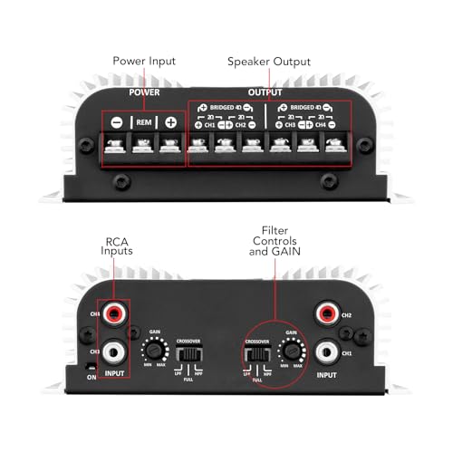 Taramps TS 400x4 400 watts RMS 4 Channels Full Range Car Audio Amplifier, 2 Bridged Channels, RCA Input Class D, Output Power, Multichannel Amplifier System, Small - TS400X4 | Bridgeable outputs, built-in HPF/LPF crossovers and RCA inputs provide flexible