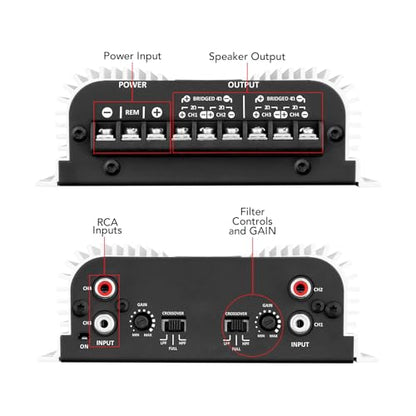 Taramps TS 400x4 400 watts RMS 4 Channels Full Range Car Audio Amplifier, 2 Bridged Channels, RCA Input Class D, Output Power, Multichannel Amplifier System, Small - TS400X4 | Bridgeable outputs, built-in HPF/LPF crossovers and RCA inputs provide flexible