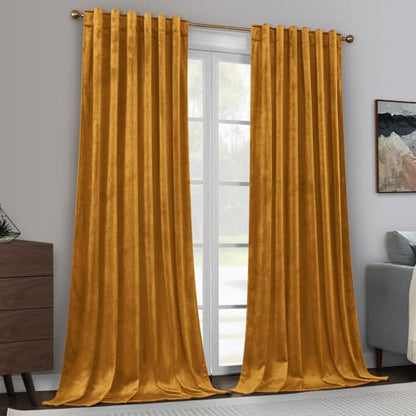 HOMEIDEAS Mustard Yellow Velvet Curtains, 52 x 84 Inches Long Thick and Luxury Room Darkening Thermal Insulated Pocket Back Tab Window Drapes for Living Room, Halloween - color: Mustard Yellow, size: 52"W x 84"L (Pack of 2)