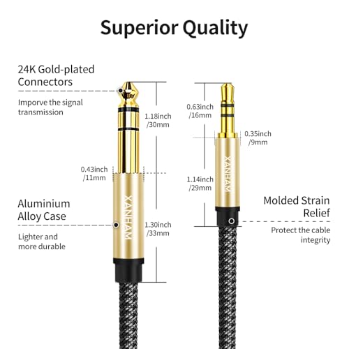3.5mm to 1/4 Stereo Audio Cable 10 Feet /3M, 1/8" to 6.35mm 1/4" TRS Male Aux Cord Double Shielded with Braiding for Guitar, Amplifiers, PC, Home Theater, Speaker, etc. - size: 10 Feet