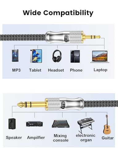 EMK Premium 1/8" to 1/4" (3.5mm to 6.35mm) TRS Stereo Cable - Nylon Braided Male to Male Adapter for Guitar, Keyboards, Amps & Studio Gear (4Ft/1.2M) - Gold-Plated, Noise-Free - size: 4 Feet, style: 1/8 to 1/4 Stereo Cable