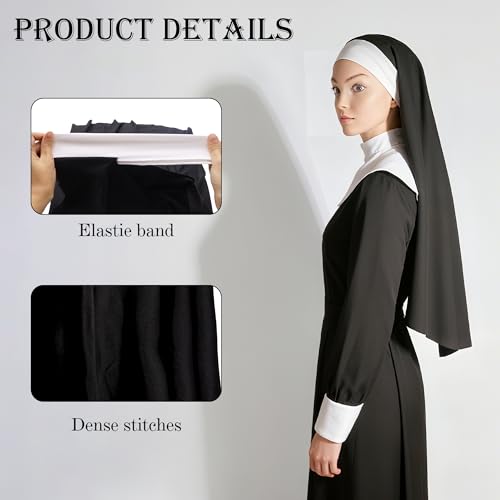 Nun Headpiece Costume, Elegant Nun Habit Cap Costume Hat Accessory Black and White Nuns Veil Costumes for Women Adult Halloween Cosplay Party
