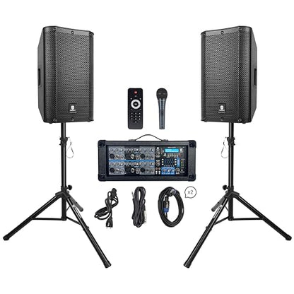 2500W Bluetooth PA Speaker System with 6-Channel Powered Mixer, 2 12-Inch Passive Speakers, Stands, Reverb Effects, 15V Phantom Power. Perfect for DJs, Bands, Karaoke, Live Events