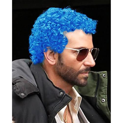 Swiking Mens Short Blue Afro Curly Wigs for Male Guy Rocker Wig California Halloween Cosplay Costume Fibre Hair Wig - color: Blue
