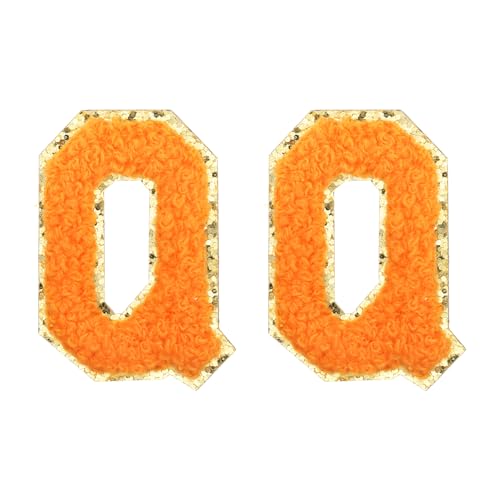MECCANIXITY Chenille Letter Patches 2.2" Self Adhesive Alphabet Q Stick on Embroidered Patch Sew on Letter Stickers Applique for Repairing Clothing Jeans Shoes Hats DIY(Orange, Pack of 2) - style: Letter-Q