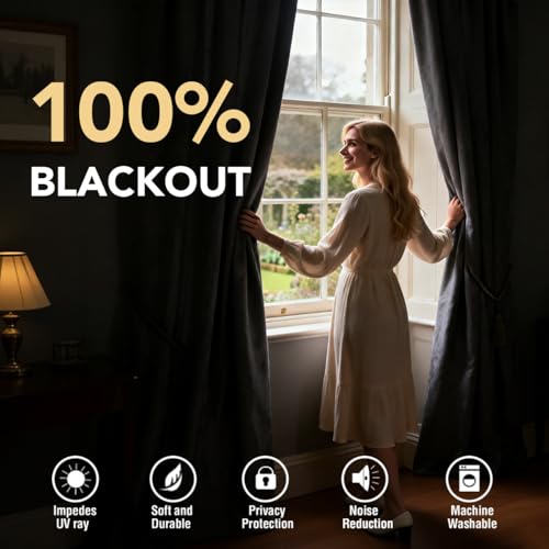 H.VERSAILTEX Velvet 100% Blackout Curtains for Living Room Full Light Blocking Curtains Thermal Insulated Room Window Drapes Soft Luxury Curtains Grommet Top 2 Panels (55" W x 84" L, Sand) - color: Sand, size: 55"W x 84"L (Pack of 2)