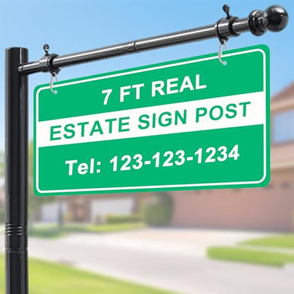 Heavy Duty Real Estate Sign Post Holder- 7 FT Adjustable Metal Yard Sign Stand with Adjustable 32" Arm &Spiral Ground Stakes, Rust-Proof Coating, Universal Sign Holder for Traffic, Construction, Events, Weatherproof & Long-Lasting - color: Black