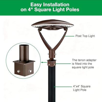 4 in Square Pole to 2-3/8 in Tenon Adapter, Vertical Mount, Bronze | 4mm heavy duty steel, fits 4 in square poles, for led shoebox parking lot flood lights, bronze, powder coated finish