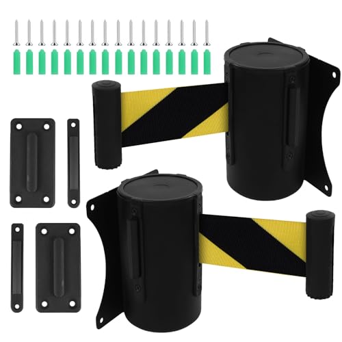 Wall Mount Retractable Belt Barrier 2 Pack, TrreZon Fixed Retractable Belt Barrier with Steel Case 16' Black and Yellow Belt for Grocery, Restaurant, Retail Store, Office, Stadium, School - color: Black and Yellow Belt
