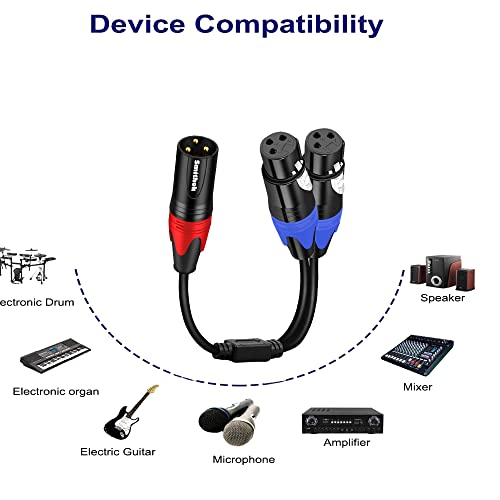 Smithok 1 Male to 2 Female XLR Y Splitter Micrphone Cable, 3 Pin XLR 2 Female to 1 Male, Combiner Y Cord Balanced Mic Audio Cables for Stero Mic to L&R Audio Track(11.8 inches/0.3m) (Pack of 2) - size: 11.8 inches/0.3m (Pack of 2)