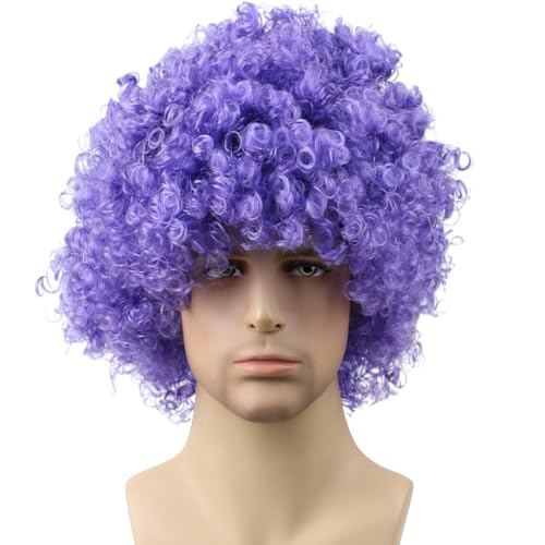 Funny Wigs for Women Men Purple Crazy Clown Wigs Fans Wig Short Afro Curly Costume Wig for Halloween Parties Cosplay Stage Performance Christmas Party Wig(Large Size,Purple) - color: Purple, size: Large Size