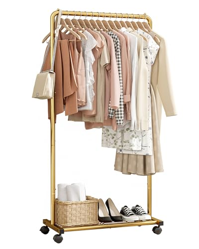 Sakugi Clothes Rack - Clothing Rack with Storage Mesh Shelf & Casters, Heavy-Duty Metal Clothing Rack for Hanging Clothes, Dresses, Coats, Large Load Capacity, Easy Assembly, Gold, 28.0"x16.9"x59.0" - color: Gold, size: 28.0" x 16.9" x 59.0" (1 Rod)