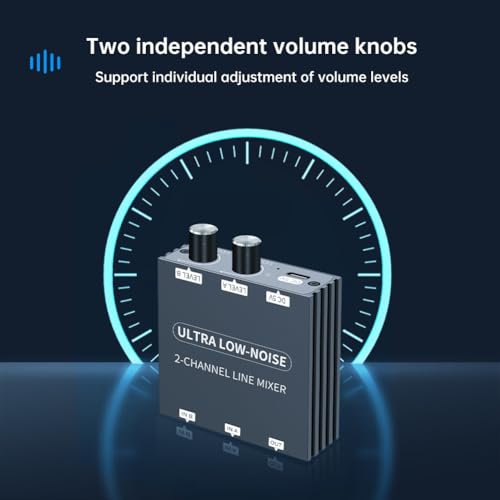 2 Channel Stereo Audio Mixer, 3.5mm Mini Audio Mixer Line Mixer, Low-Noise DC 5V Support Music Creation, Sub Mixing, Live Broadcast, As Guitars, Bass, Keyboards Mixer