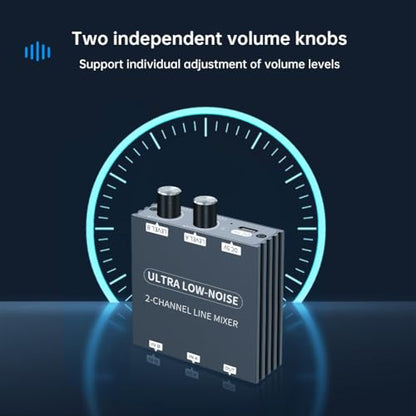 2 Channel Stereo Audio Mixer, 3.5mm Mini Audio Mixer Line Mixer, Low-Noise DC 5V Support Music Creation, Sub Mixing, Live Broadcast, As Guitars, Bass, Keyboards Mixer