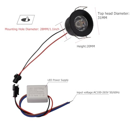 2Pack 1W Mini Spotlights Indoor 1 Inch Recessed Showcase Display Under-Cabinet LED Lights Fixture with AC 110V/220V to 3-12V Power Supply LED Driver 3000K Warm-White Lighting Black Shell - color: Black