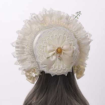 COSDREAMER Girls Women Victorian Bonnets Lace Flowers Tea Party Hats - color: White